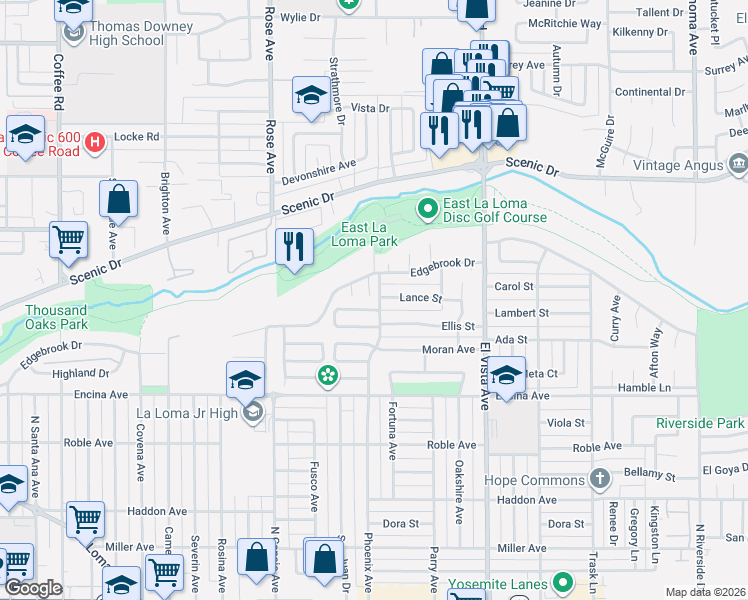 map of restaurants, bars, coffee shops, grocery stores, and more near 2020 Lance Street in Modesto