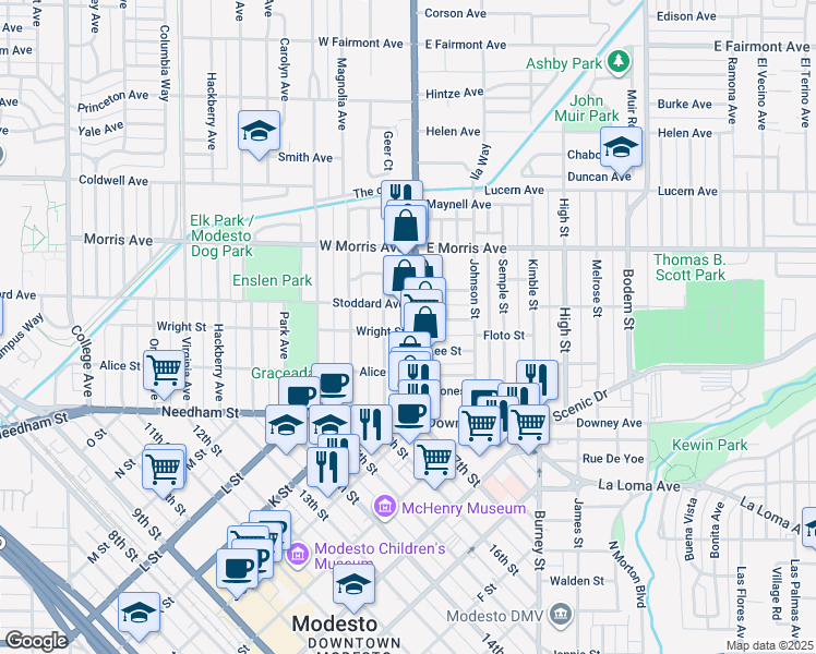 map of restaurants, bars, coffee shops, grocery stores, and more near 111 Wright Street in Modesto