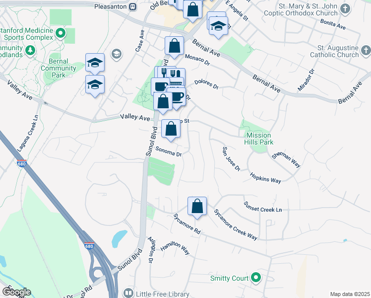map of restaurants, bars, coffee shops, grocery stores, and more near 5595 Sonoma Drive in Pleasanton