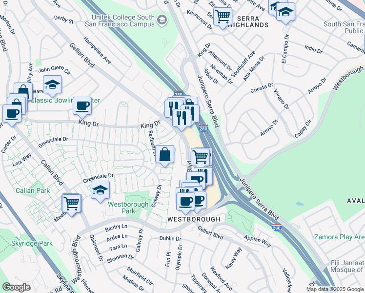 map of restaurants, bars, coffee shops, grocery stores, and more near 2200 Gellert Boulevard in South San Francisco