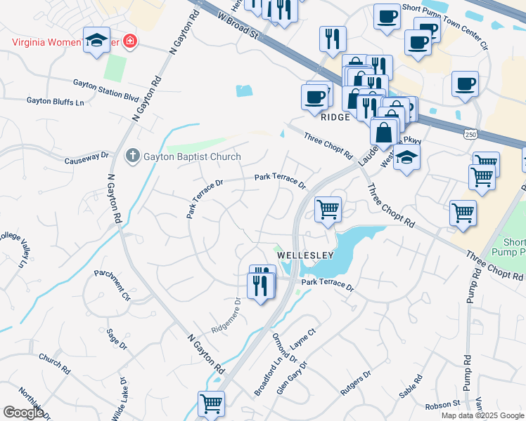 map of restaurants, bars, coffee shops, grocery stores, and more near 3816 Danewood Drive in Richmond
