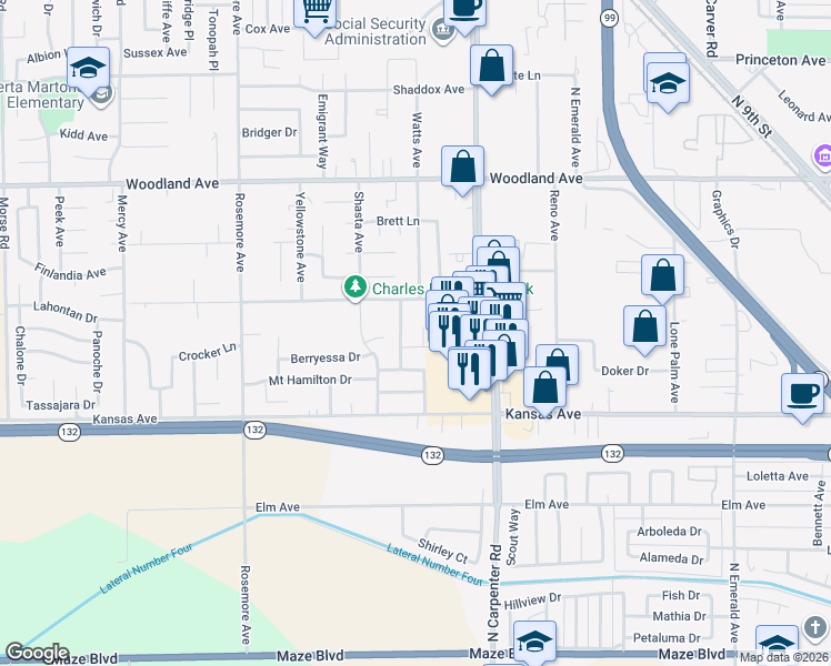 map of restaurants, bars, coffee shops, grocery stores, and more near 1009 Bobcat Court in Modesto