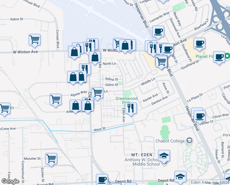 map of restaurants, bars, coffee shops, grocery stores, and more near 1540 Middle Lane in Hayward