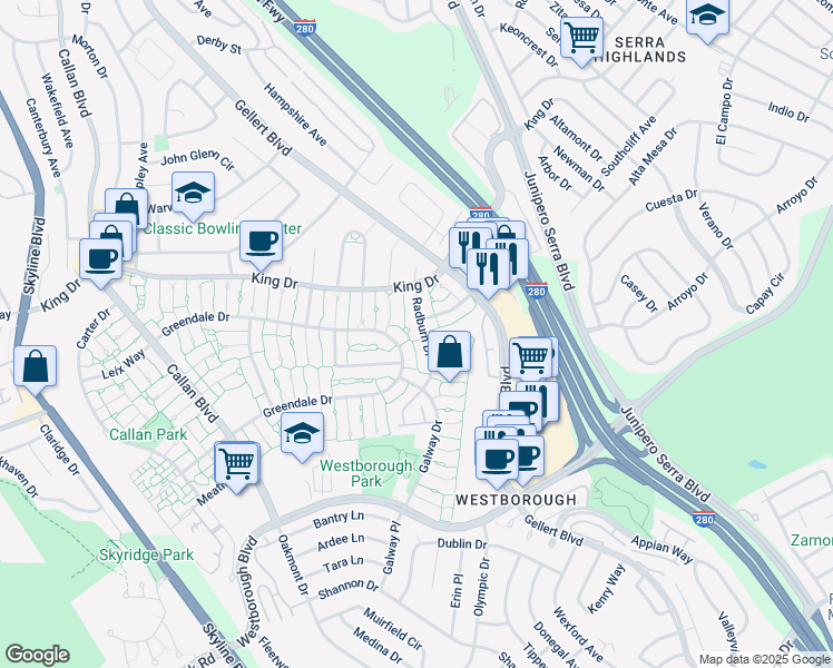 map of restaurants, bars, coffee shops, grocery stores, and more near 3811 Radburn Drive in South San Francisco