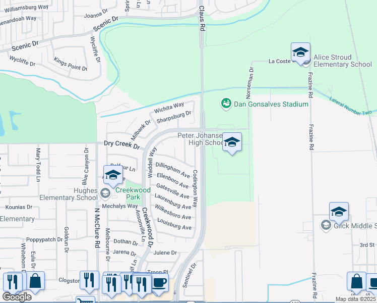 map of restaurants, bars, coffee shops, grocery stores, and more near 720 Carrboro Lane in Modesto