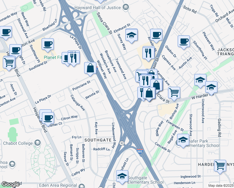 map of restaurants, bars, coffee shops, grocery stores, and more near 24906 Willimet Way in Hayward
