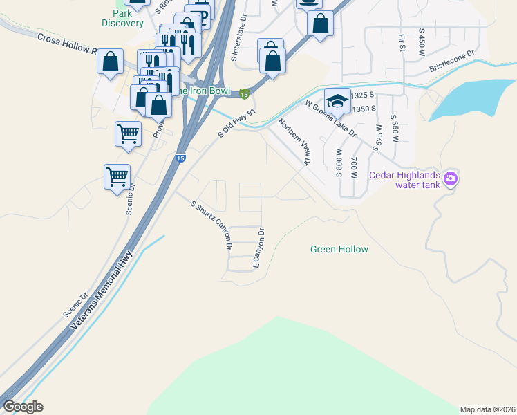 map of restaurants, bars, coffee shops, grocery stores, and more near 1284 West 1600 South in Cedar City