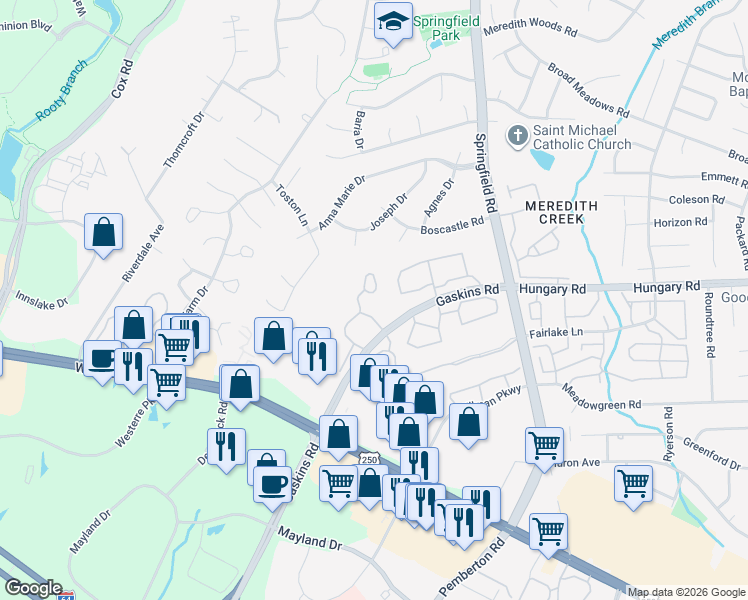 map of restaurants, bars, coffee shops, grocery stores, and more near 4098 Coal Spring Lane in Glen Allen