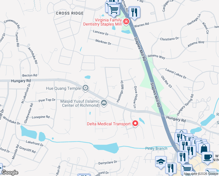 map of restaurants, bars, coffee shops, grocery stores, and more near 8417 Wilshire Place in Glen Allen