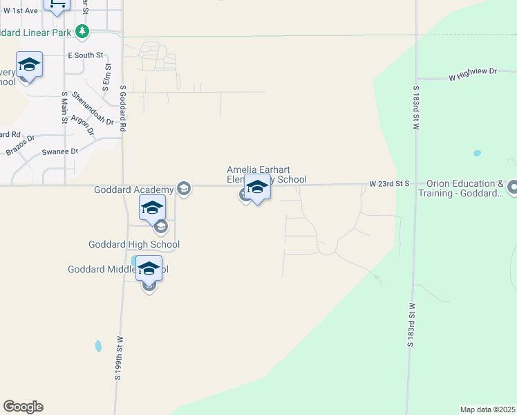 map of restaurants, bars, coffee shops, grocery stores, and more near 19201 W 23rd Street South in Goddard