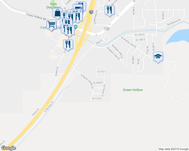 map of restaurants, bars, coffee shops, grocery stores, and more near 1590 West Canyon Drive in Cedar City