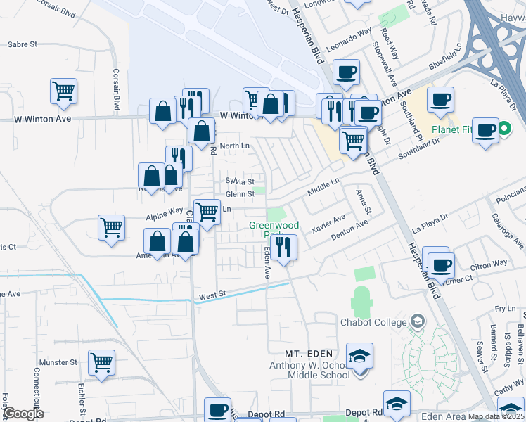 map of restaurants, bars, coffee shops, grocery stores, and more near 1504 Middle Lane in Hayward