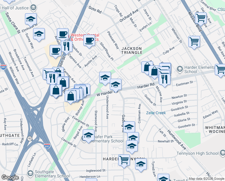 map of restaurants, bars, coffee shops, grocery stores, and more near W Harder Rd & Southwick Dr in Hayward