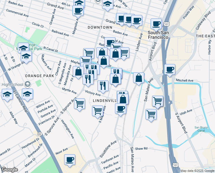 map of restaurants, bars, coffee shops, grocery stores, and more near 132 South Maple Avenue in South San Francisco