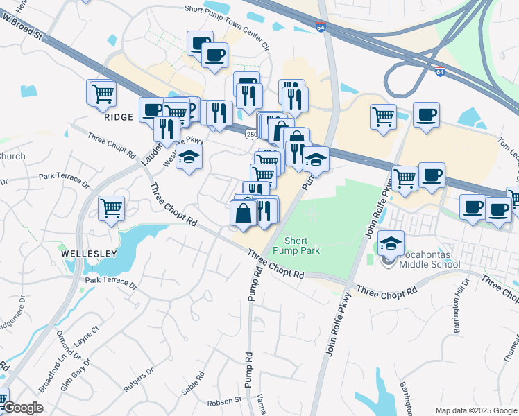 map of restaurants, bars, coffee shops, grocery stores, and more near 3432 Pump Road in Henrico