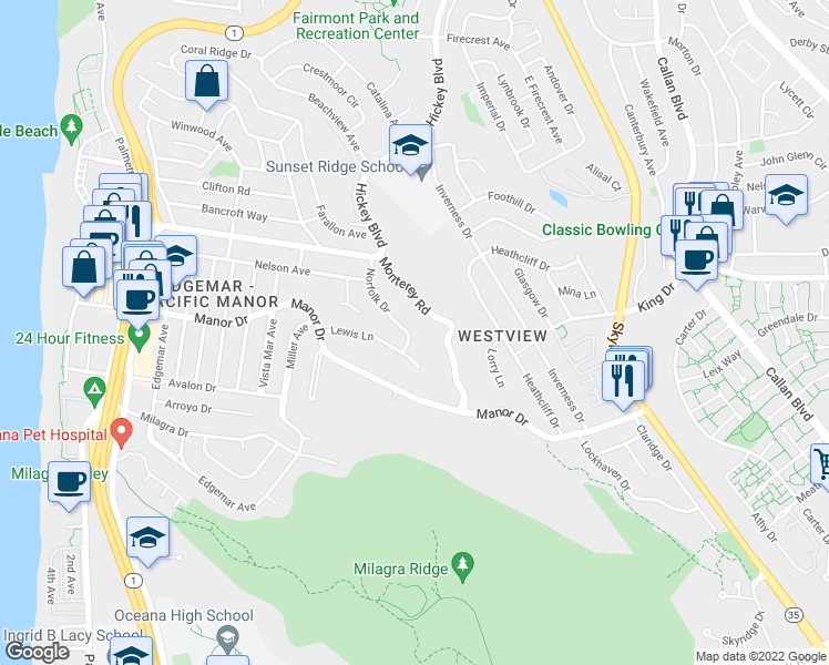 map of restaurants, bars, coffee shops, grocery stores, and more near 457 Norfolk Drive in Pacifica