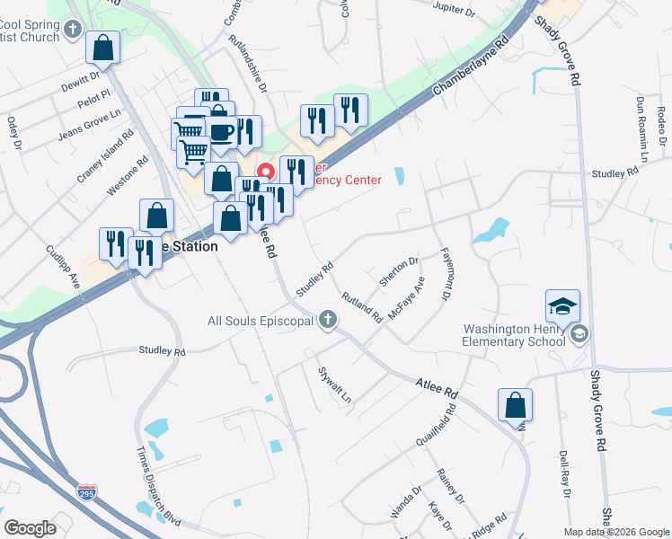 map of restaurants, bars, coffee shops, grocery stores, and more near 9104 Rutland Road in Mechanicsville