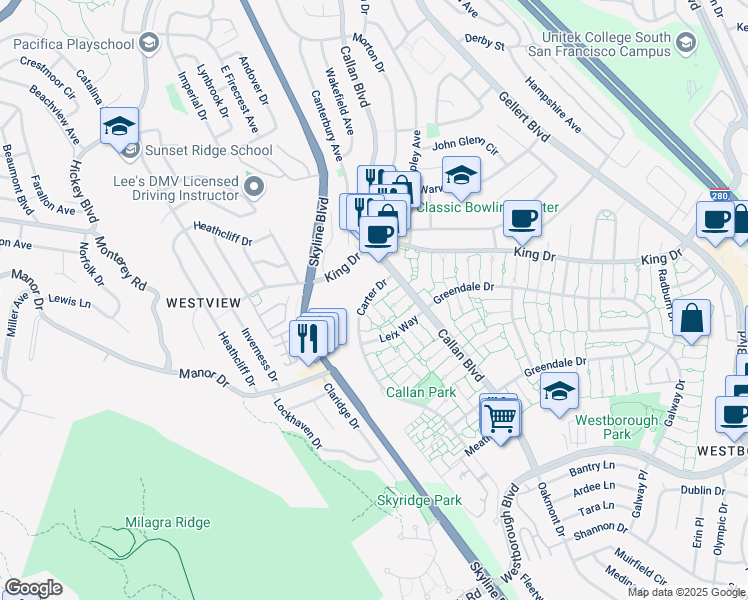 map of restaurants, bars, coffee shops, grocery stores, and more near 3852 Carter Drive in South San Francisco