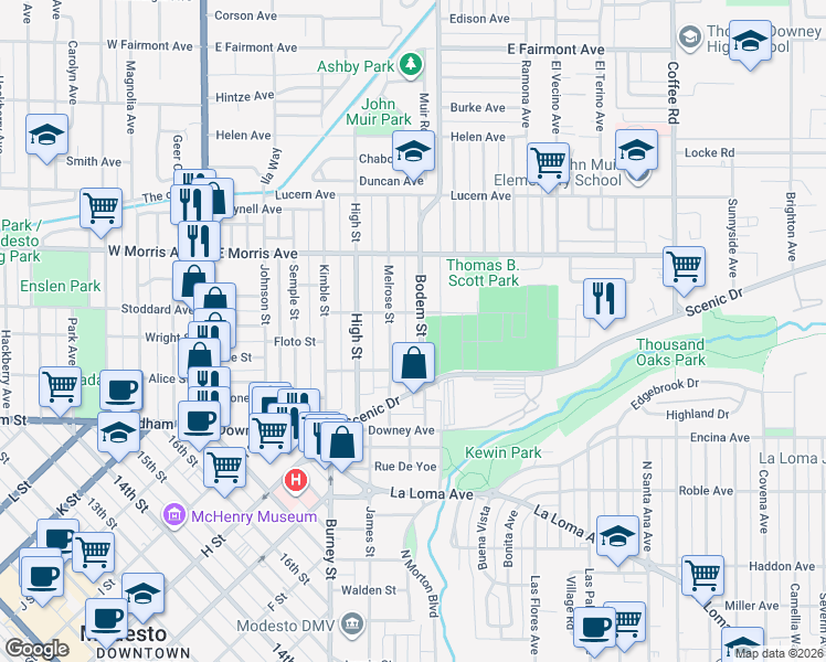 map of restaurants, bars, coffee shops, grocery stores, and more near 249 Bodem Street in Modesto