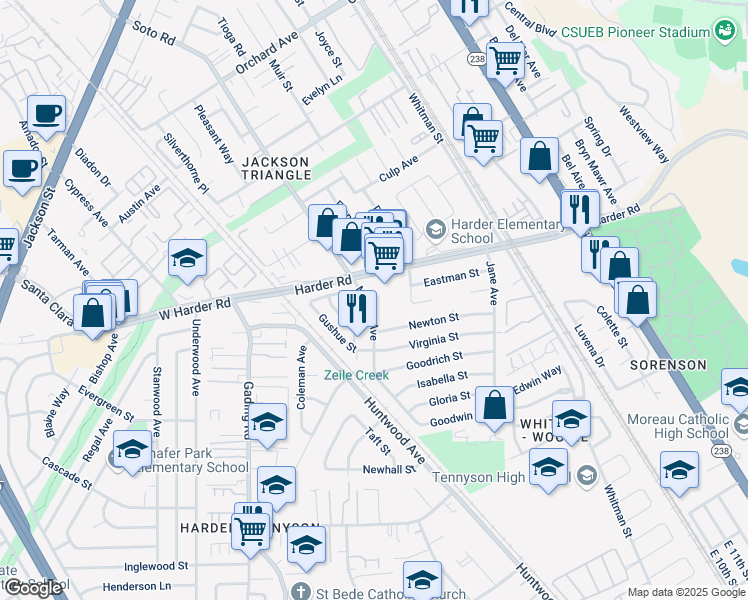 map of restaurants, bars, coffee shops, grocery stores, and more near 26040 Mocine Avenue in Hayward
