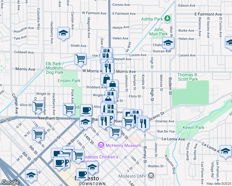 map of restaurants, bars, coffee shops, grocery stores, and more near 114 Almond Avenue in Modesto