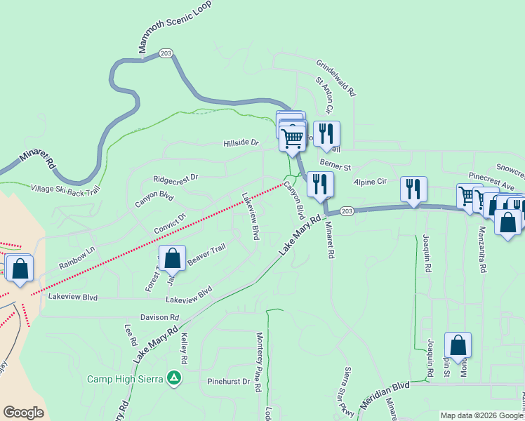 map of restaurants, bars, coffee shops, grocery stores, and more near 221 Lakeview Boulevard in Mammoth Lakes