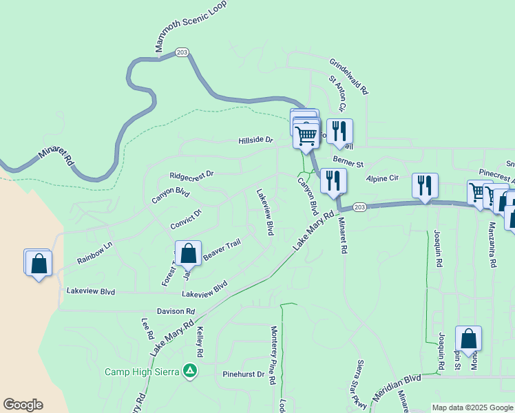 map of restaurants, bars, coffee shops, grocery stores, and more near 70-98 Horseshoe Dr in Mammoth Lakes