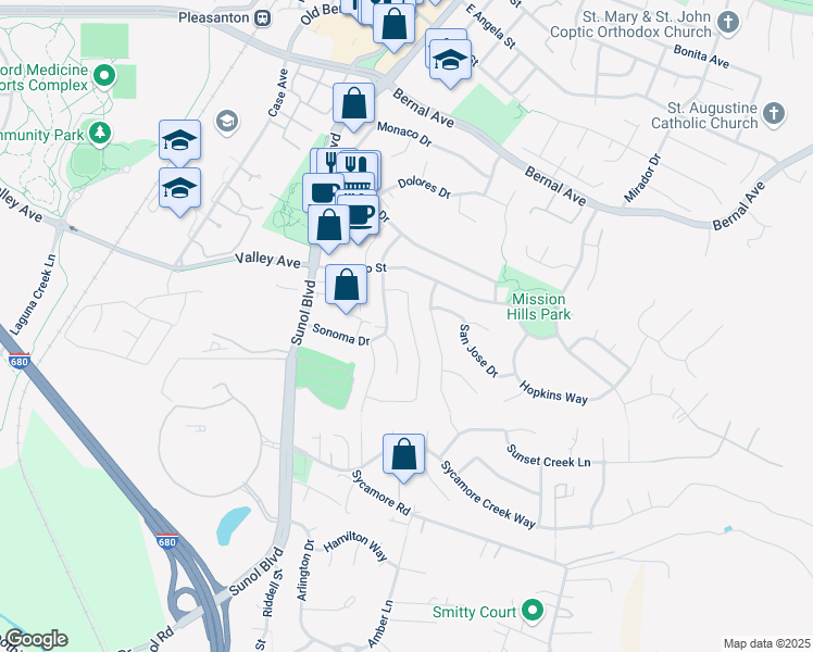 map of restaurants, bars, coffee shops, grocery stores, and more near 5588 San Juan Way in Pleasanton