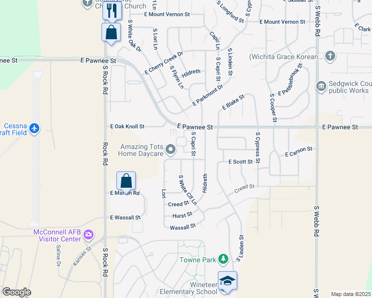 map of restaurants, bars, coffee shops, grocery stores, and more near 2405 South Capri Street in Wichita
