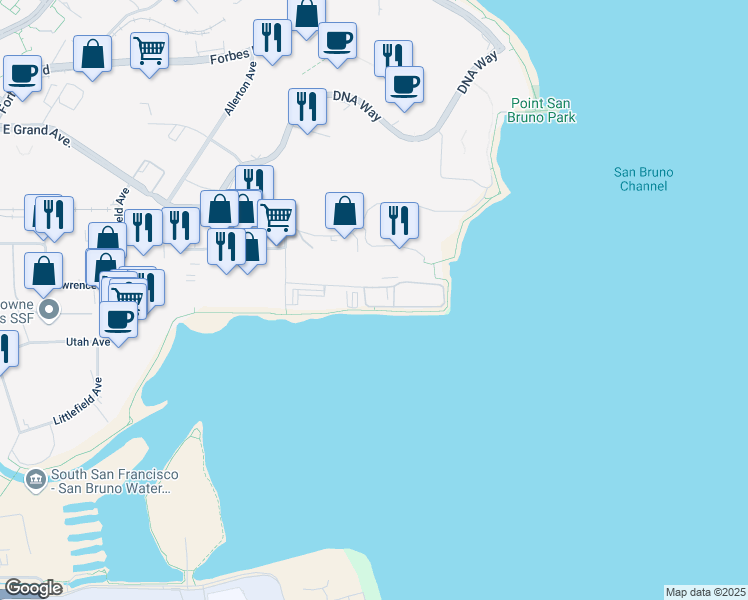 map of restaurants, bars, coffee shops, grocery stores, and more near 500 East Jamie Court in South San Francisco