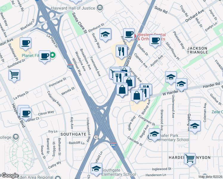 map of restaurants, bars, coffee shops, grocery stores, and more near 512 Teasdale Place in Hayward