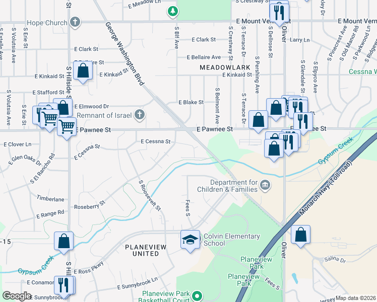 map of restaurants, bars, coffee shops, grocery stores, and more near 4075 East Cessna Drive in Wichita