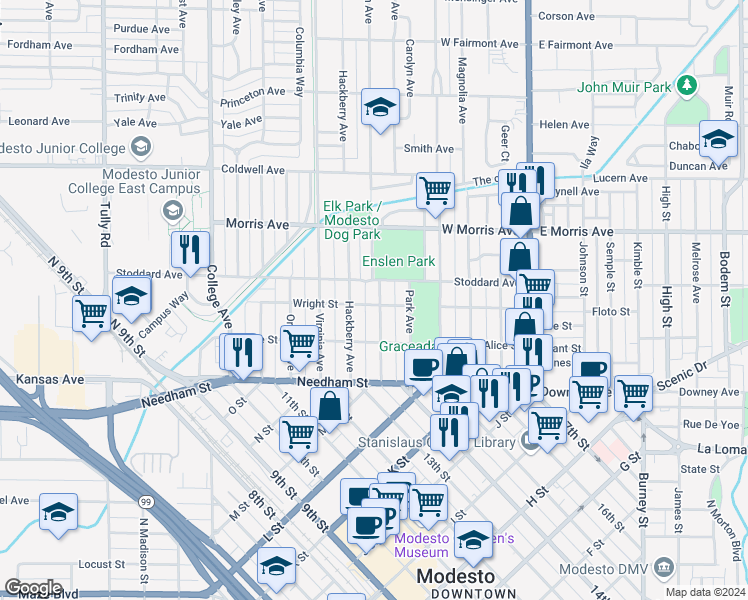 map of restaurants, bars, coffee shops, grocery stores, and more near 303 Poplar Avenue in Modesto