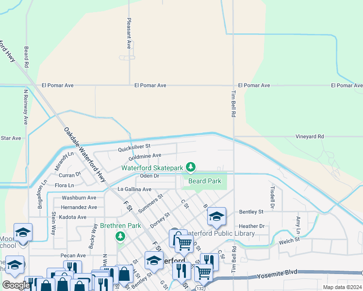 map of restaurants, bars, coffee shops, grocery stores, and more near 12736 Quicksilver Street in Waterford