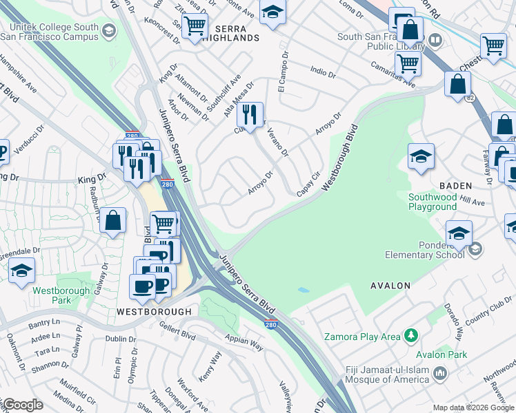 map of restaurants, bars, coffee shops, grocery stores, and more near 53 Escanyo Drive in South San Francisco