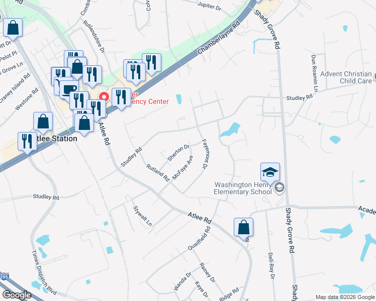 map of restaurants, bars, coffee shops, grocery stores, and more near 8416 McFaye Avenue in Mechanicsville