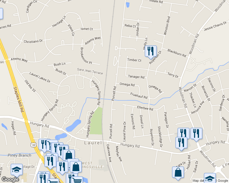 map of restaurants, bars, coffee shops, grocery stores, and more near 9901 Purcell Road in Henrico