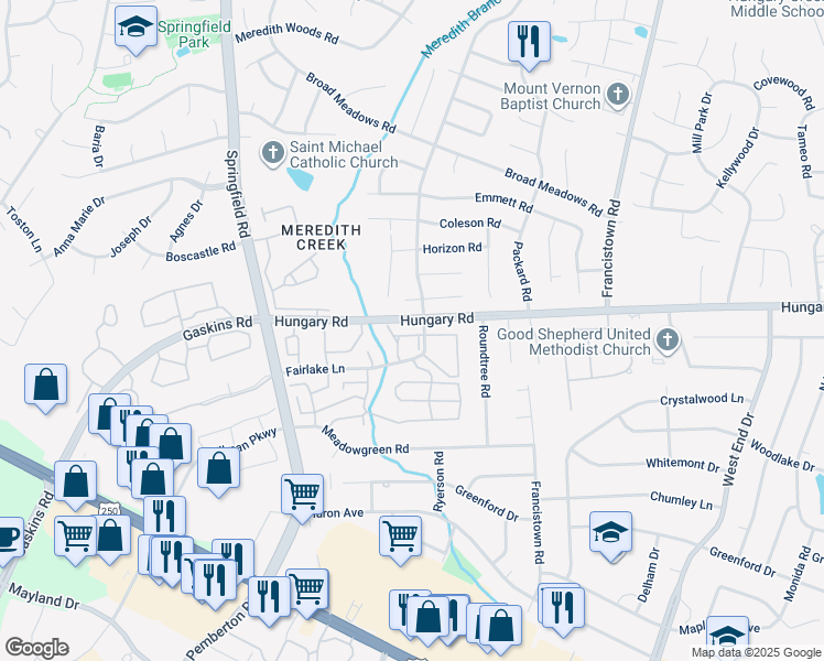 map of restaurants, bars, coffee shops, grocery stores, and more near 9421 Greenhill Court in Richmond