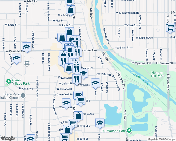 map of restaurants, bars, coffee shops, grocery stores, and more near 905 West Savannah Street in Wichita