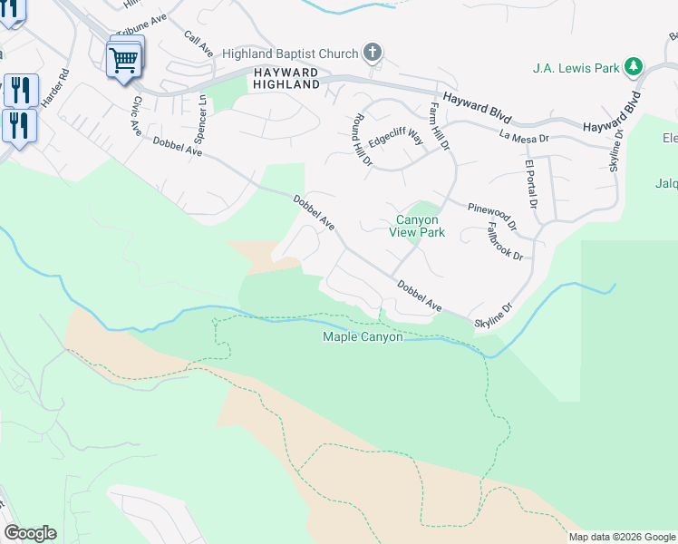 map of restaurants, bars, coffee shops, grocery stores, and more near 28045 Thorup Lane in Hayward