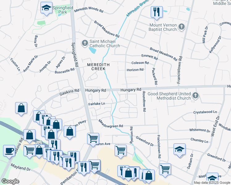 map of restaurants, bars, coffee shops, grocery stores, and more near 9475 Greenhill Court in Richmond