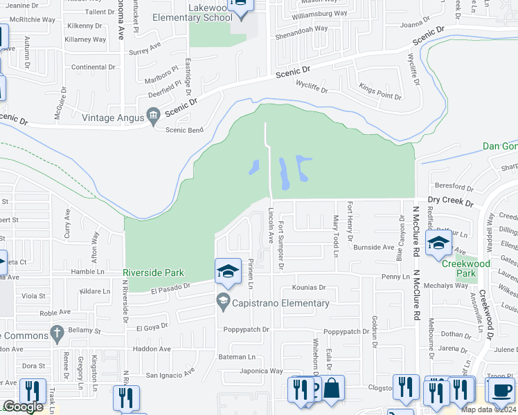 map of restaurants, bars, coffee shops, grocery stores, and more near 584 Pirinen Lane in Modesto