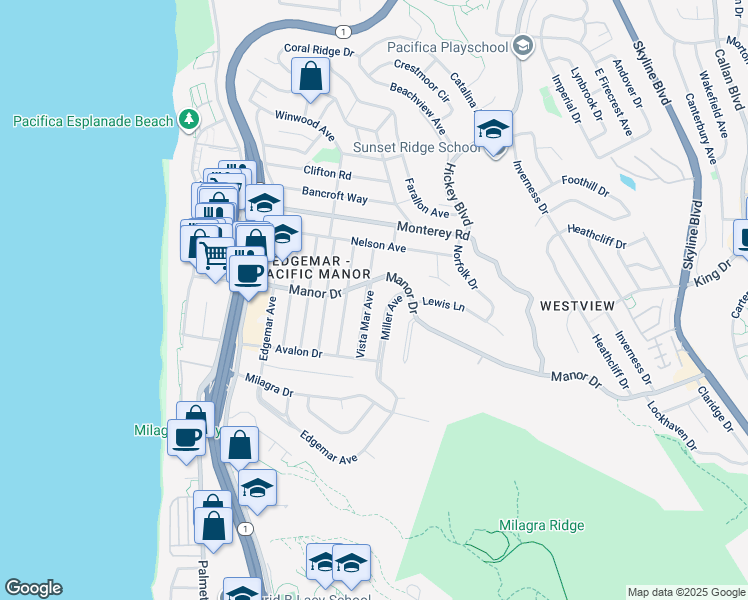 map of restaurants, bars, coffee shops, grocery stores, and more near 515 Vista Mar Avenue in Pacifica