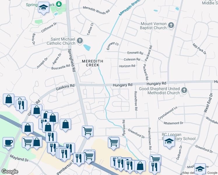 map of restaurants, bars, coffee shops, grocery stores, and more near 9475 Greenhill Court in Richmond