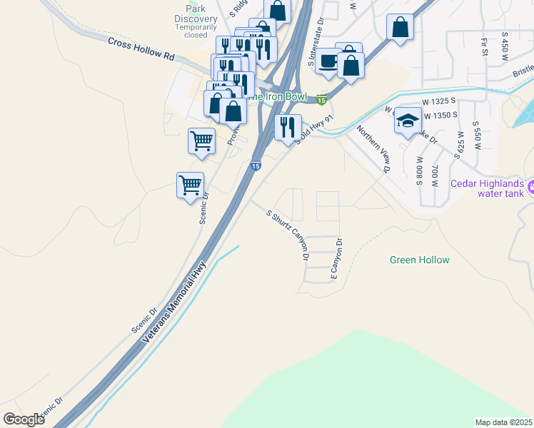 map of restaurants, bars, coffee shops, grocery stores, and more near 1593 South Shurtz Canyon Drive in Cedar City