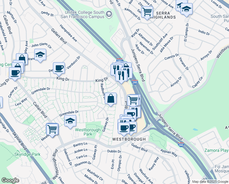 map of restaurants, bars, coffee shops, grocery stores, and more near 2440 Westchester Court in South San Francisco