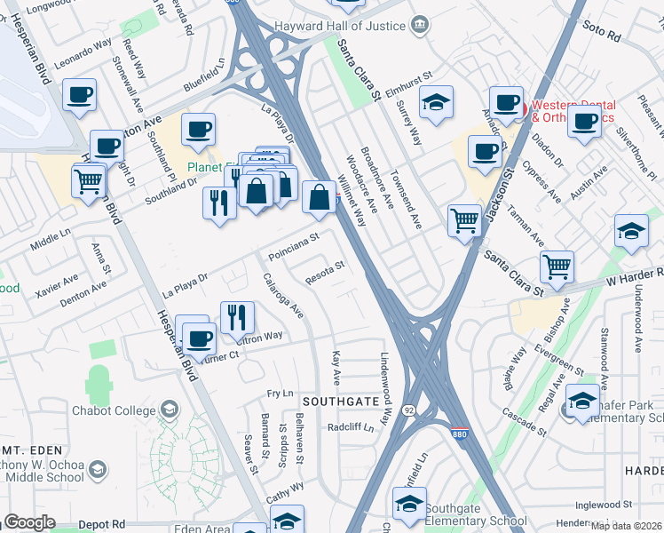 map of restaurants, bars, coffee shops, grocery stores, and more near 801 Resota Street in Hayward