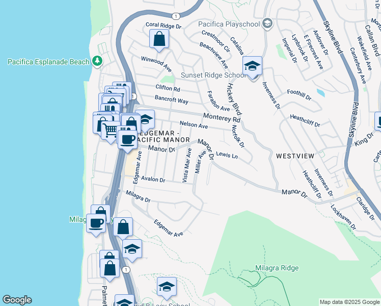map of restaurants, bars, coffee shops, grocery stores, and more near 515 Vista Mar Avenue in Pacifica