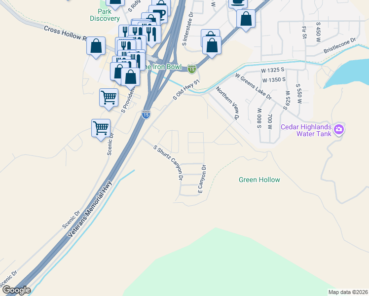 map of restaurants, bars, coffee shops, grocery stores, and more near 1590 West Canyon Drive in Cedar City