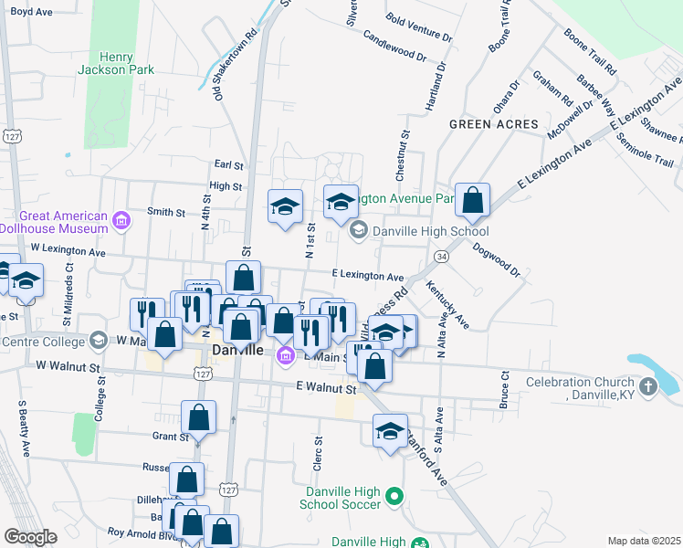 map of restaurants, bars, coffee shops, grocery stores, and more near 244 E Lexington Ave in Danville